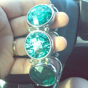 Teal and silver cabochon style stretch bracelet